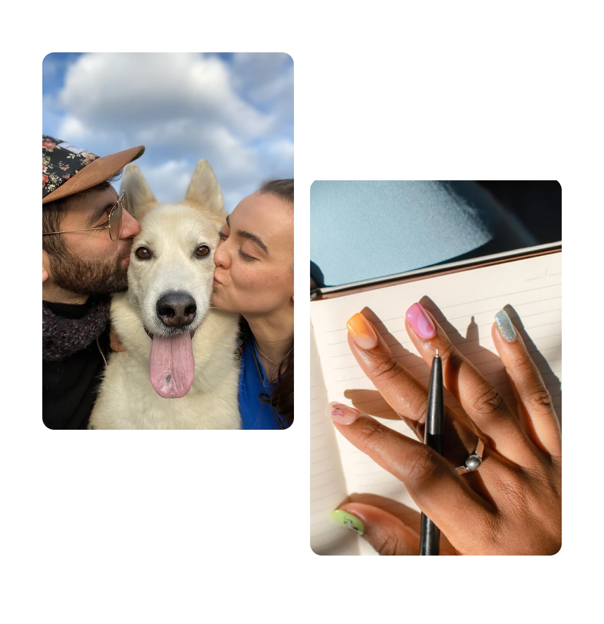 Two pins, couple kissing dog, hand with pen and journal