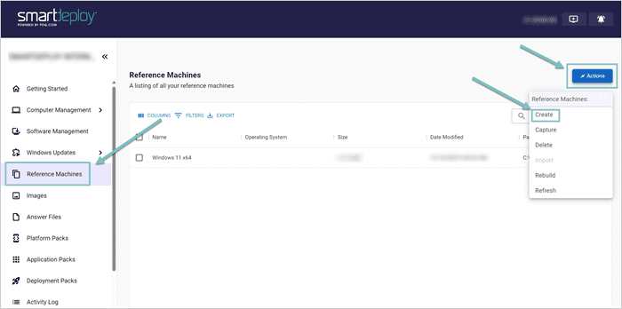 SmartDeploy web console showing reference machines list with Actions menu used to create a reference computer for reimaging multiple computers.