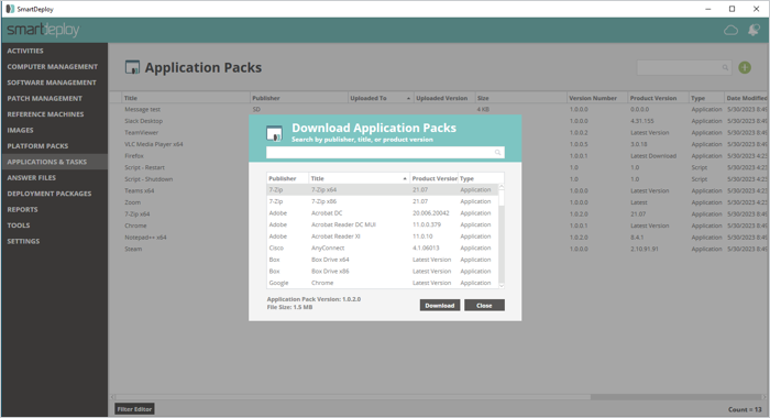 SmartDeploy Application Pack search menu