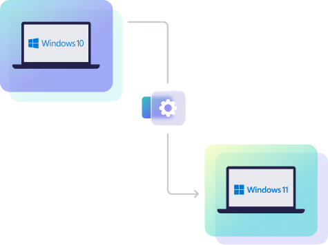 Illustration with two computers demonstrating a windows migration from Windows 10 to 11