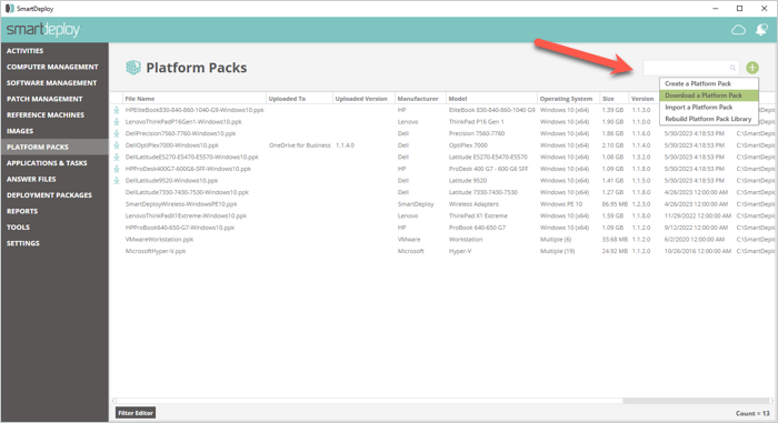 SmartDeploy: Download Platform Pack menu