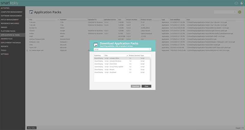 Image of SmartDeploy console showing the Application Packs tab.