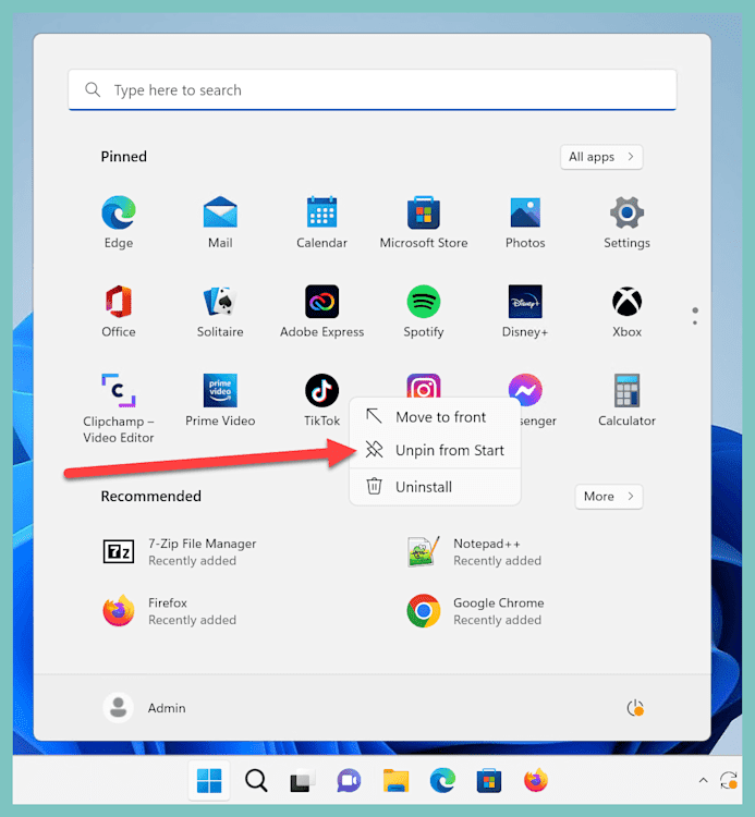 Right-clicking to unpin default apps from the Windows 11 Start menu during default profile customization