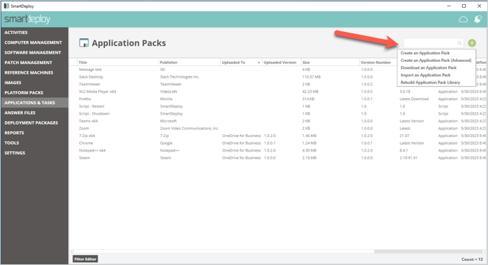 SmartDeploy Application Pack dropdown menu