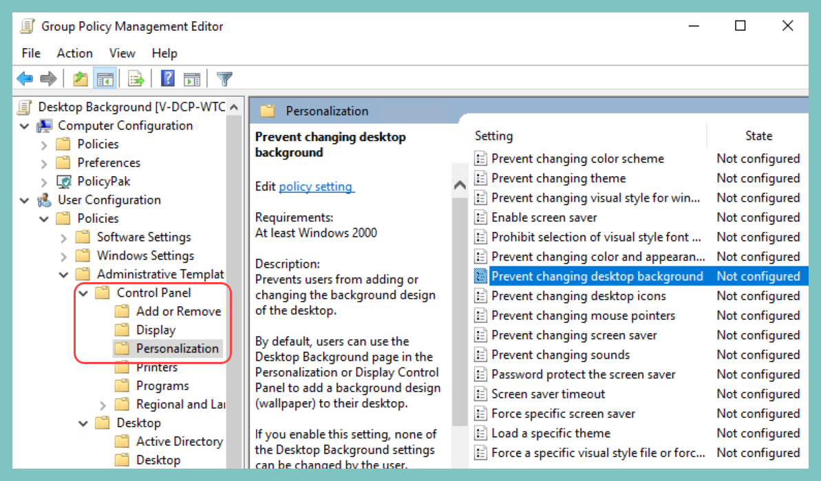 Open the Prevent changing desktop background policy