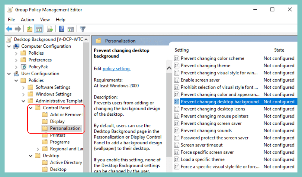 Enabling Group Policy setting to prevent users from changing the desktop background in Windows 11