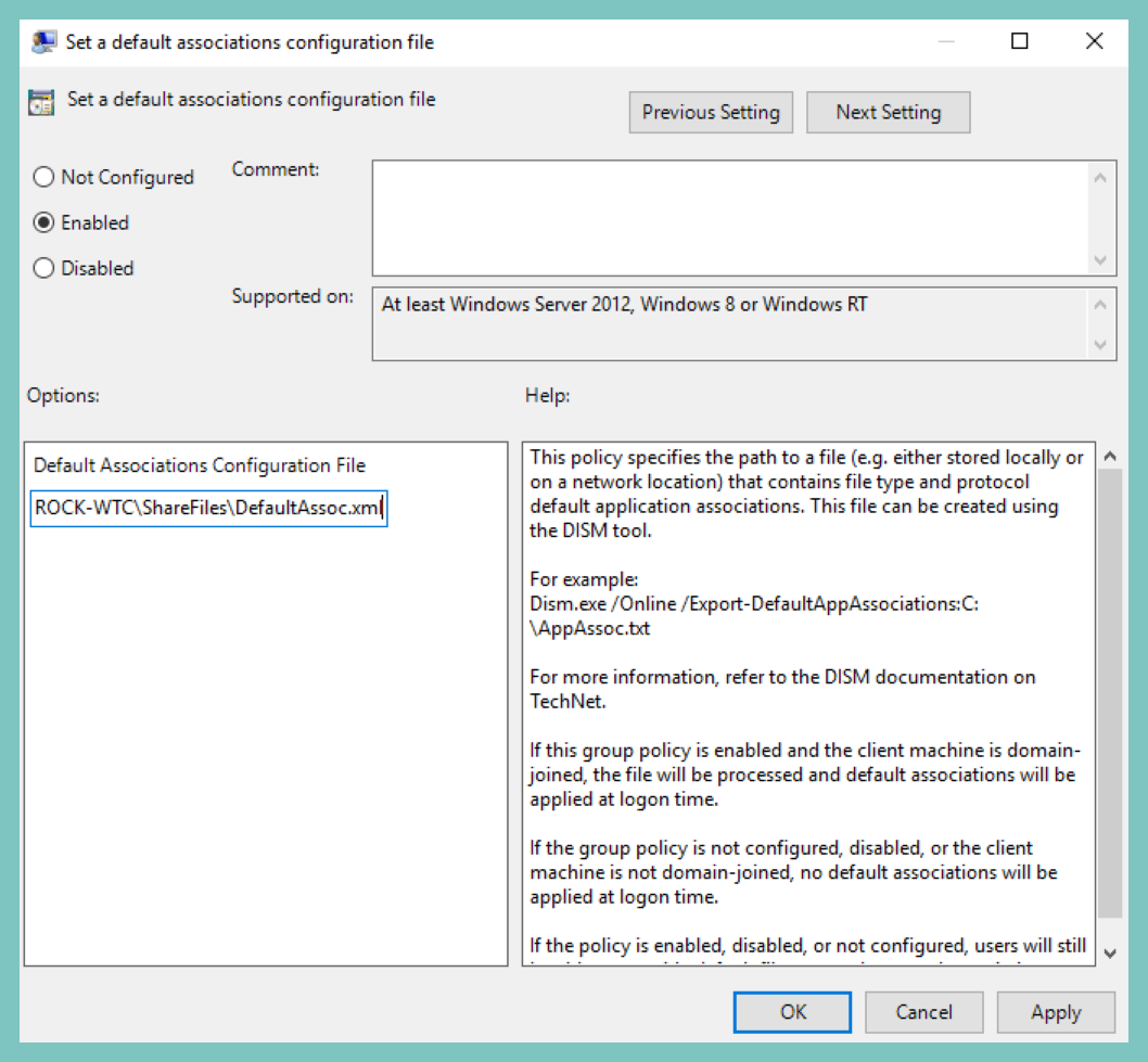 Enter the path to the application association file exported earlier
