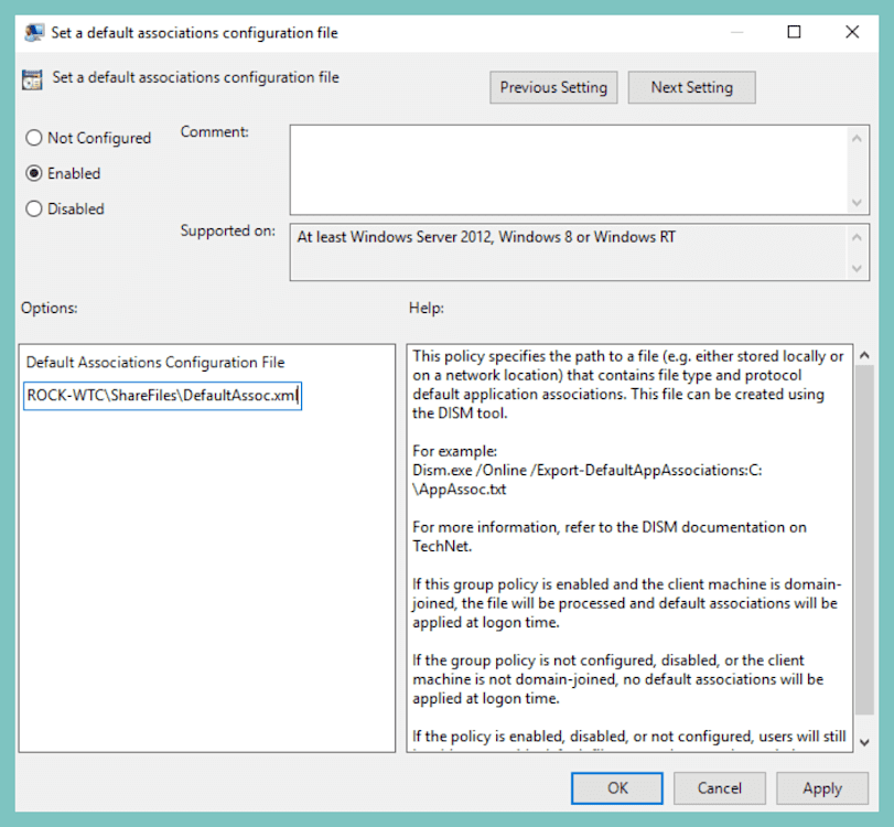 Enter the path to the application association file exported earlier