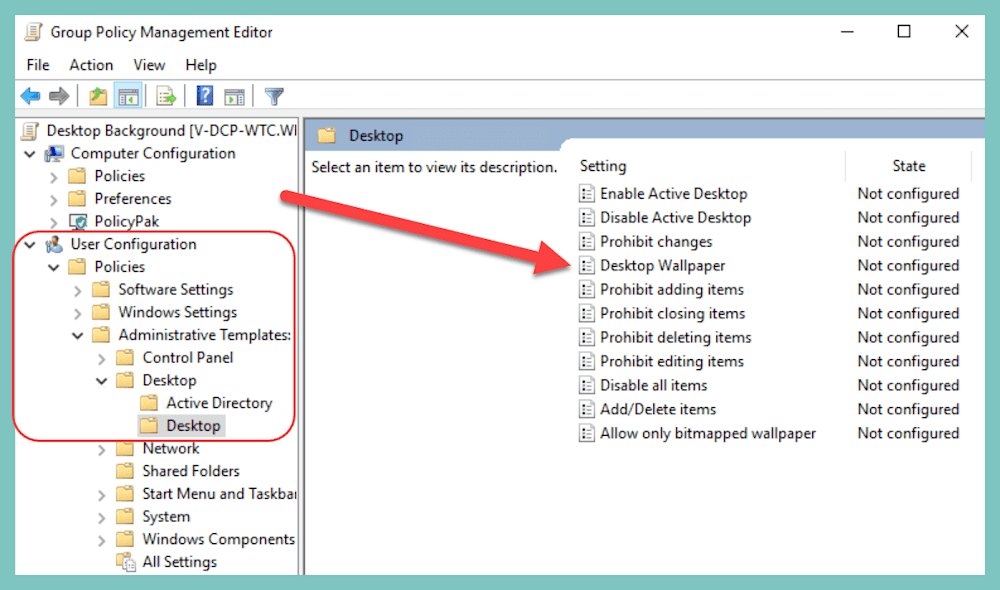 Open the desktop wallpaper policy in Group Policy