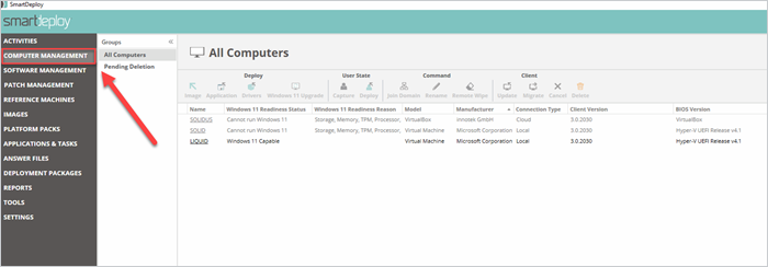 SmartDeploy console showing Computer Management view on the dashboard