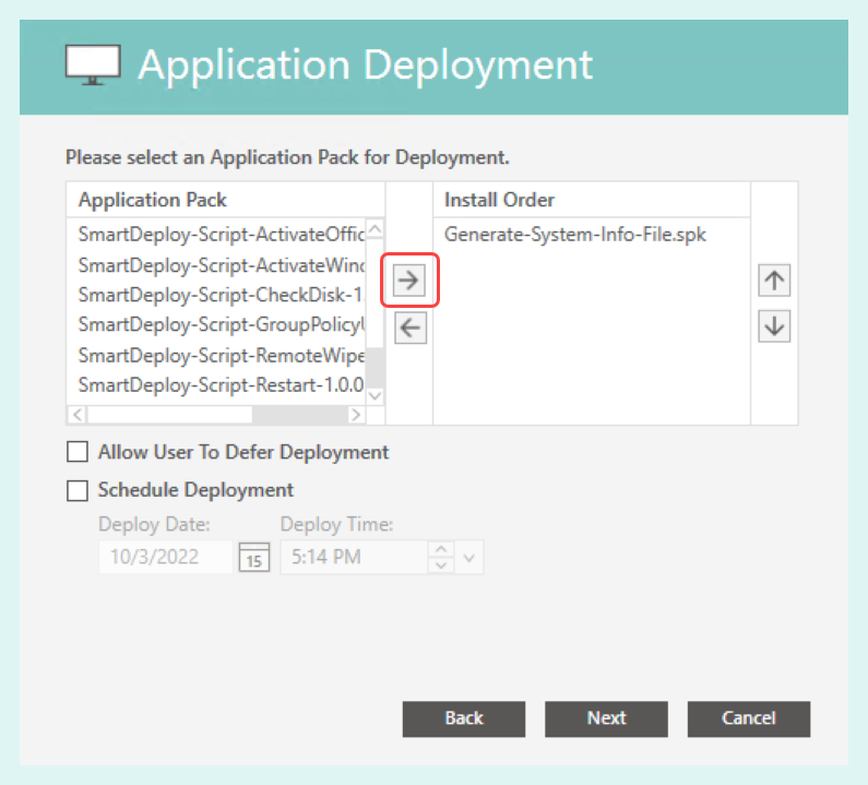 Select the application pack to deploy