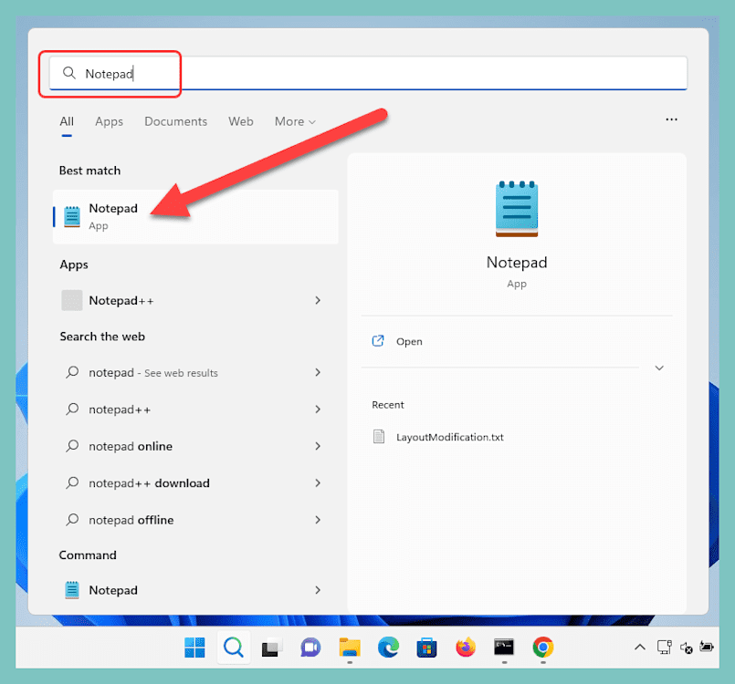 Editing LayoutModification.xml in Notepad to define taskbar app pins for Windows 11 default profile
