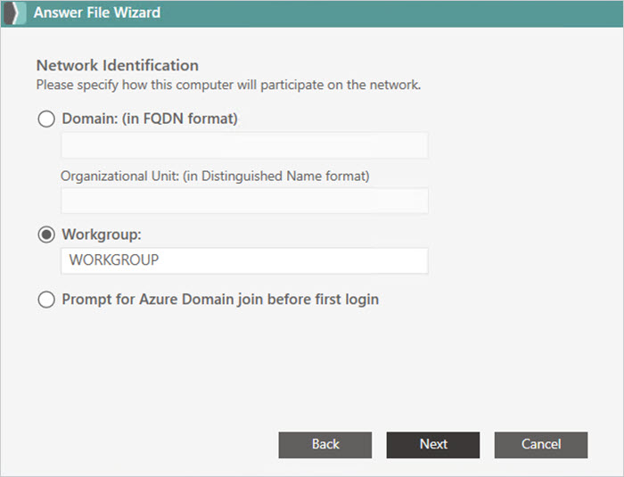 Screenshot of window showing domain join options in SmartDeploy Answer File Wizard