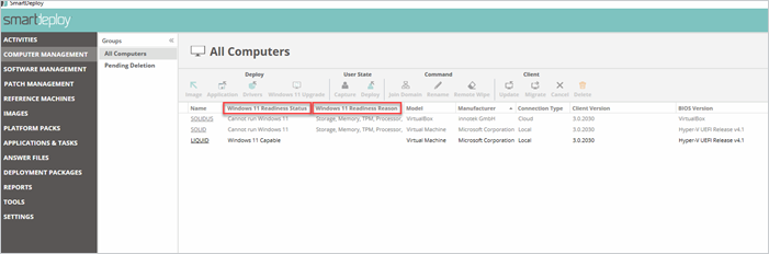 SmartDeploy console showing Windows 11 Readiness Status and Windows 11 Readiness Reason in Computer Management view