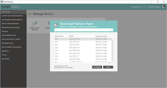 Screenshot of SmartDeploy console showing Download Platform Packs window