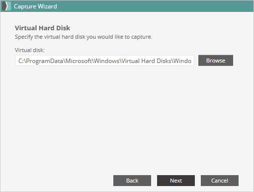 Screenshot of SmartDeploy's user interface showing the Capture Wizard for virtual hard disk. 
