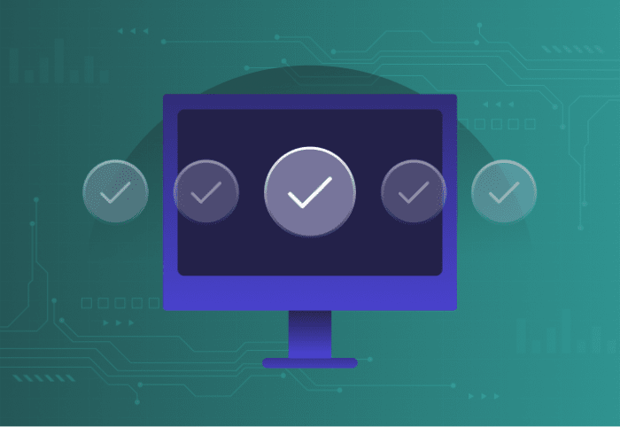 Graphic of a computer monitor overlaid with horizontal series of five circles each with a check mark spread across, with the center one enlarged for emphasis.