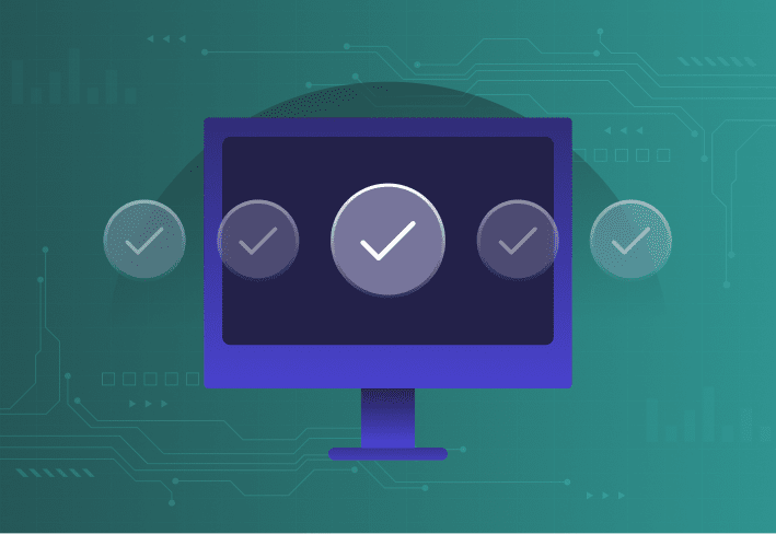 Graphic of a computer monitor overlaid with horizontal series of five circles each with a check mark spread across, with the center one enlarged for emphasis.