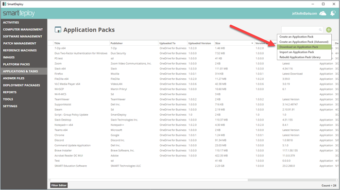 Screenshot from the SmartDeploy user interface showing Application Packs.