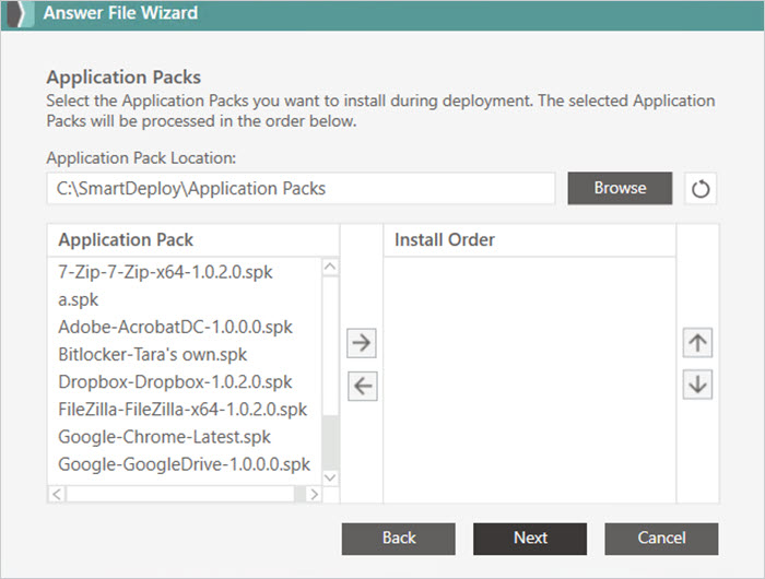 Screenshot of Application Packs window in SmartDeploy Answer File Wizard