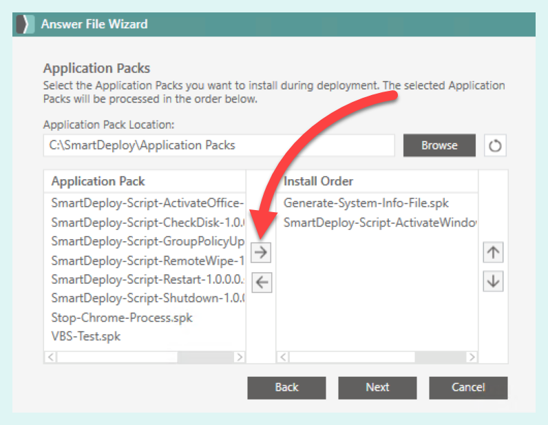 Use the arrow to add application packs to the answer file