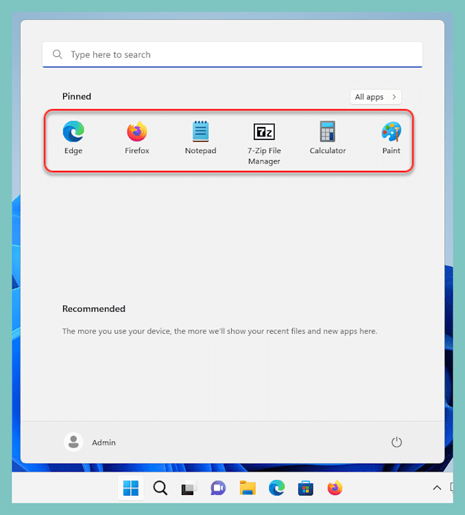 Customized Windows 11 Start menu layout with user-selected app pins for default profile deployment