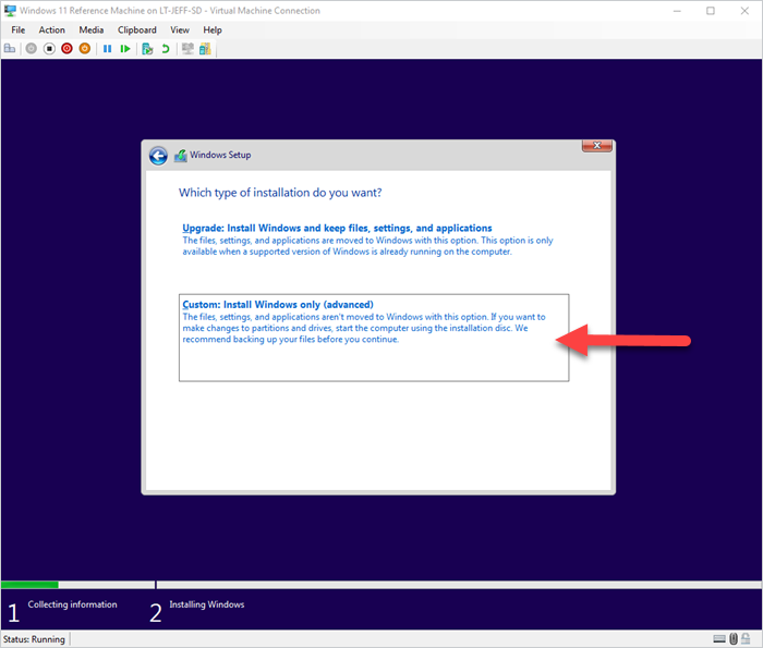Screenshot of Windows Setup custom install option for Windows 11..