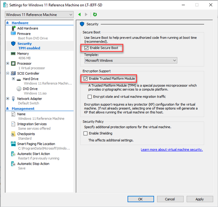 Screenshot of Hyper-V Manager's user interface showing how to enable secure boot and enable Trusted Platform Module for a Windows 11 reference machine.