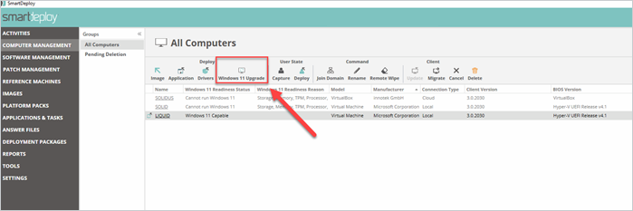 SmartDeploy console showing Windows 11 upgrade feature in Computer Management view