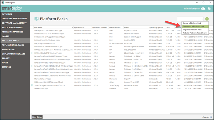 Screenshot from the SmartDeploy user interface showing Platform Packs.