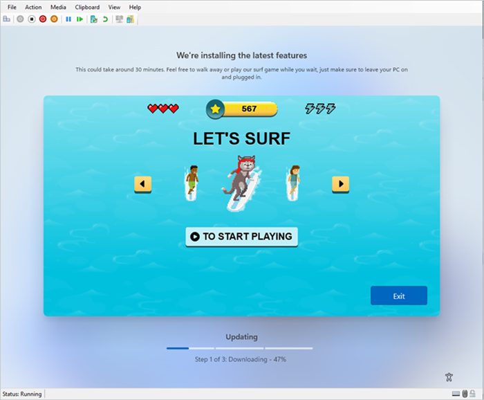 Screenshot of "Let's Surf" game that appears while Windows 11 updates are installing. 