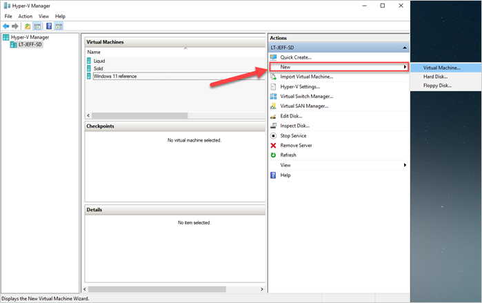 Screenshot of Hyper-V Manager's user interface showing how to create a new virtual machine.