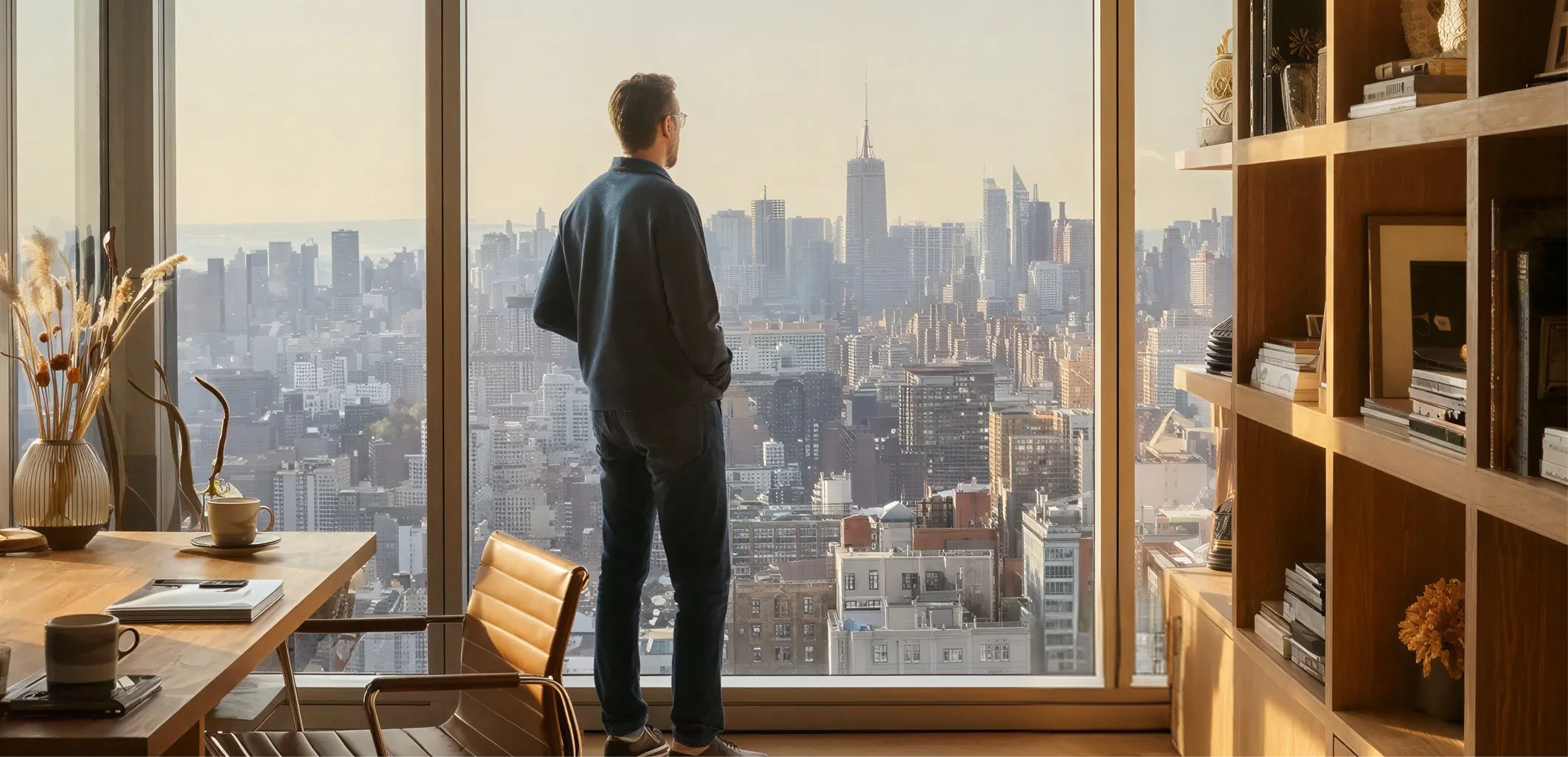 Man looking at the city out his window