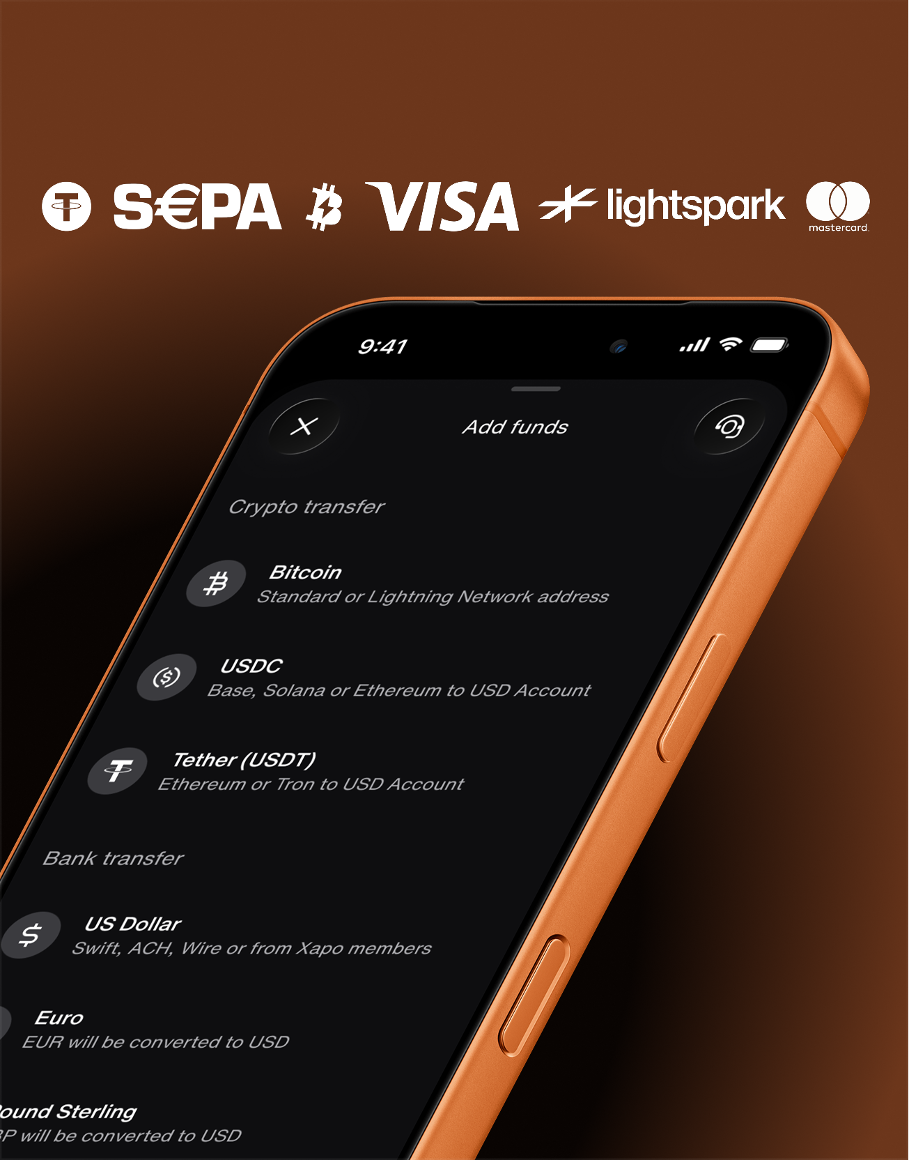 Tether, Lightning, Lightspark, SEPA, Visa, MasterCard Logos