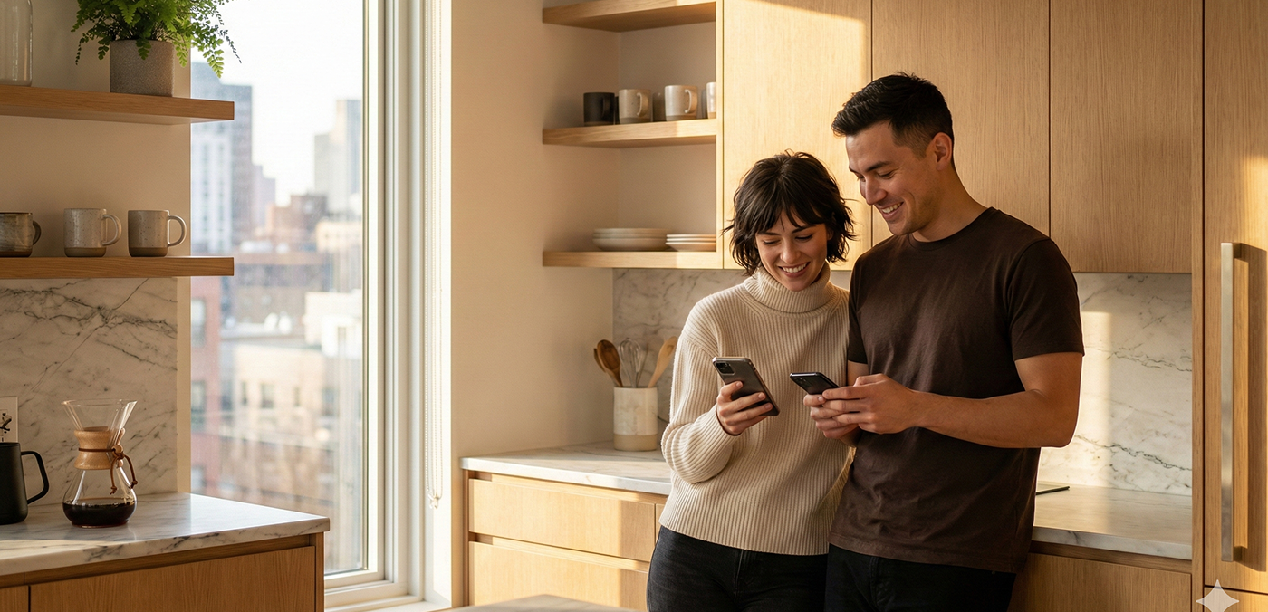 Couple checking their phone and smiling