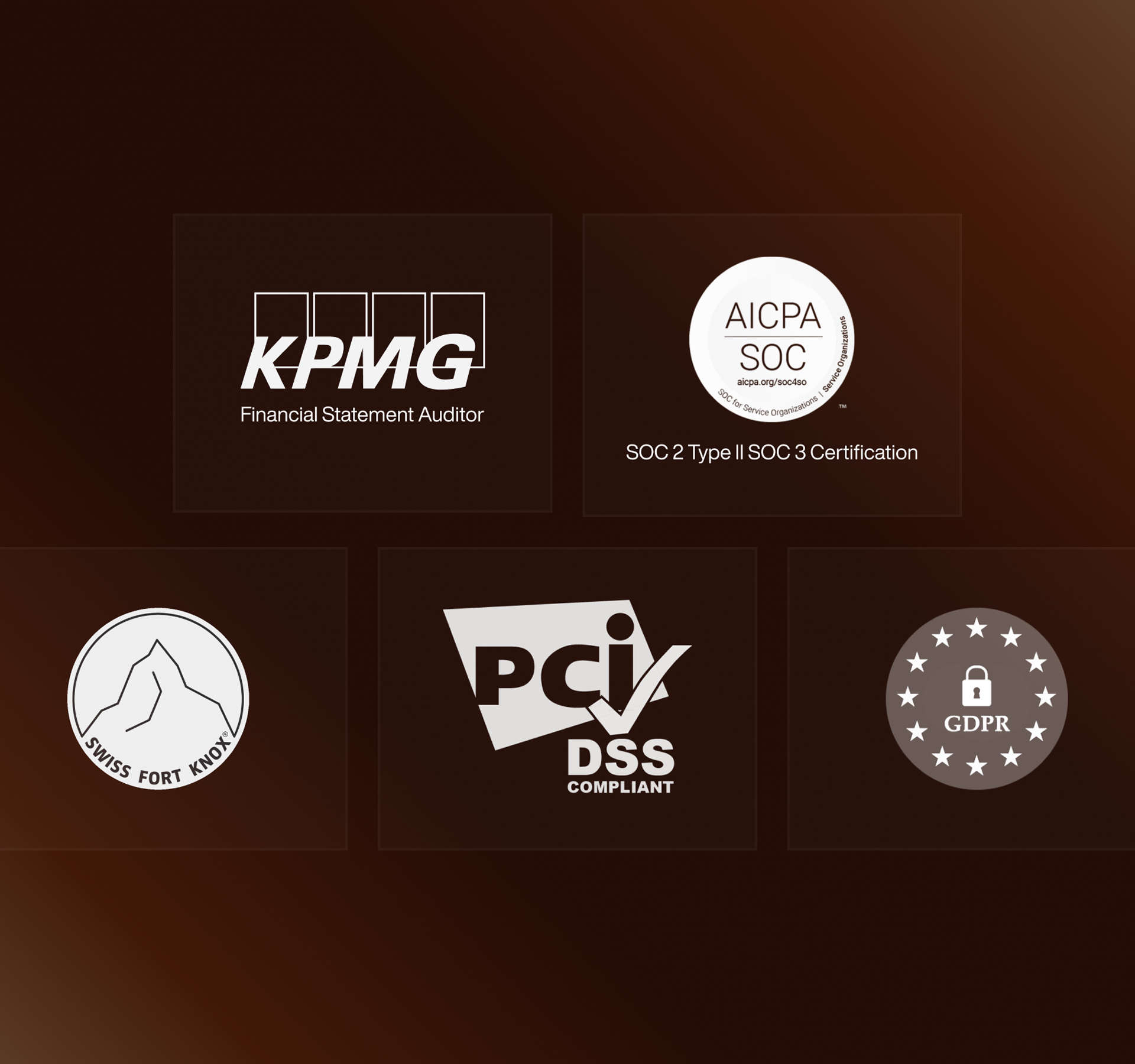Logos of GDPR, PCI, Swiss for Know, Soc2, KPMG