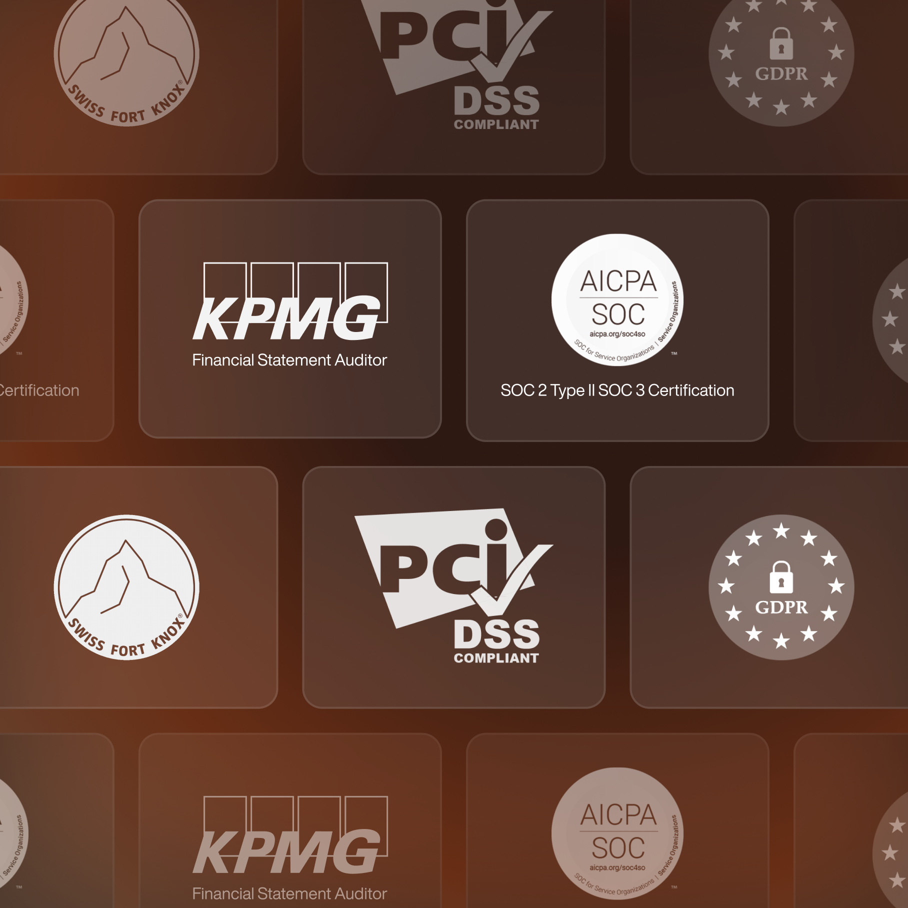 Logos of GDPR, PCI, Swiss for Know, Soc2, KPMG