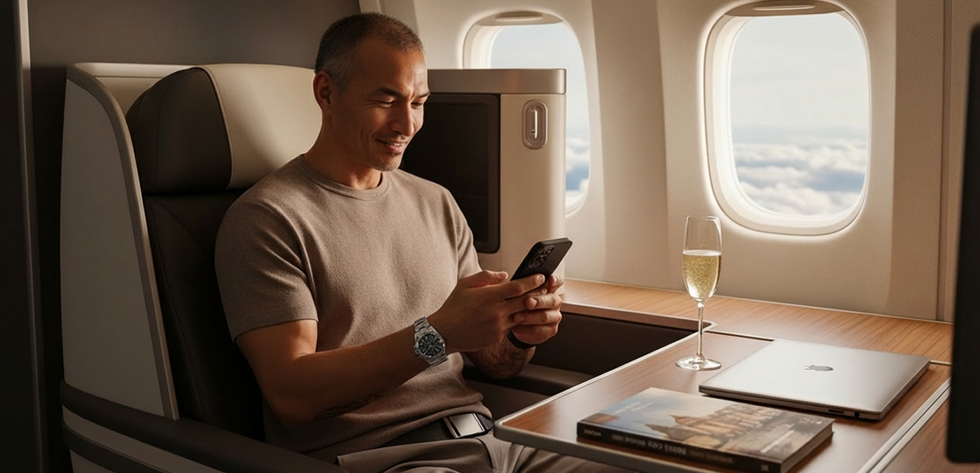 Man in a plane toping using his phone