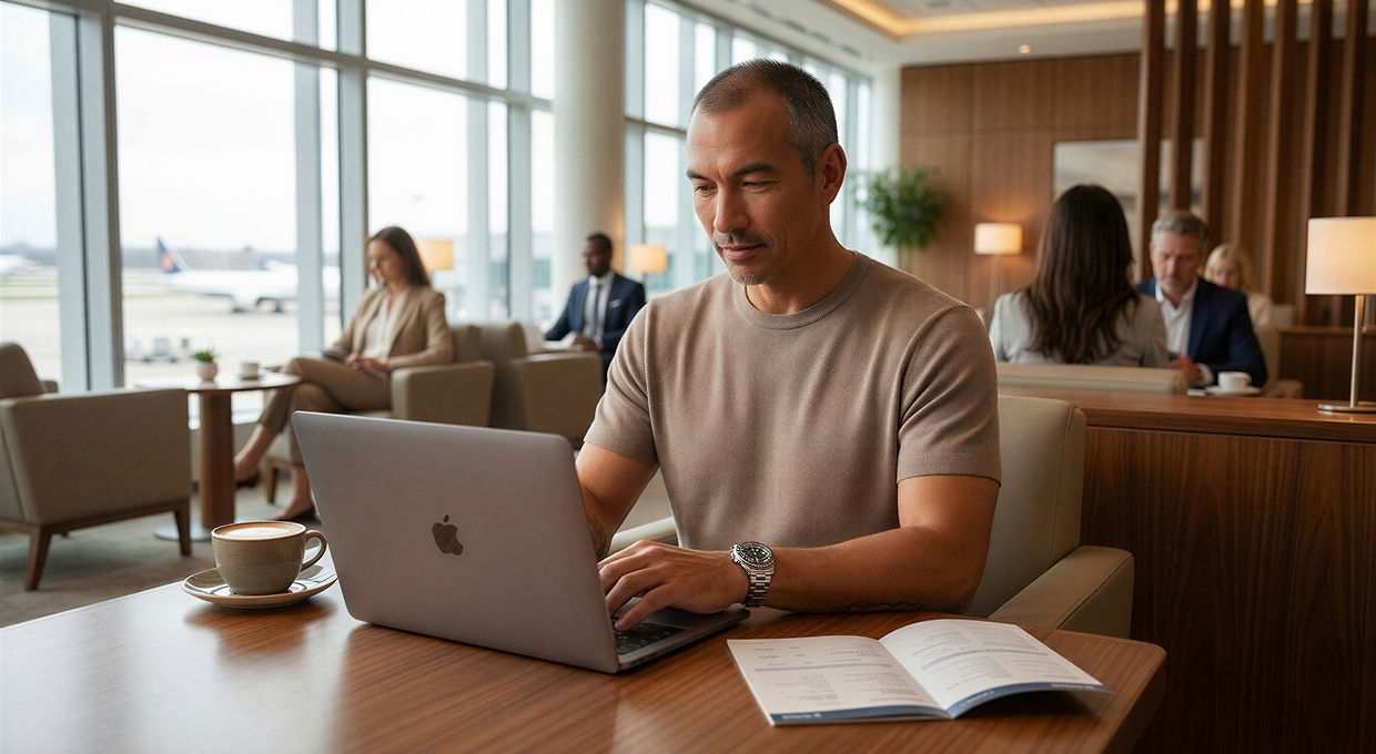 Man in an airport on his computer