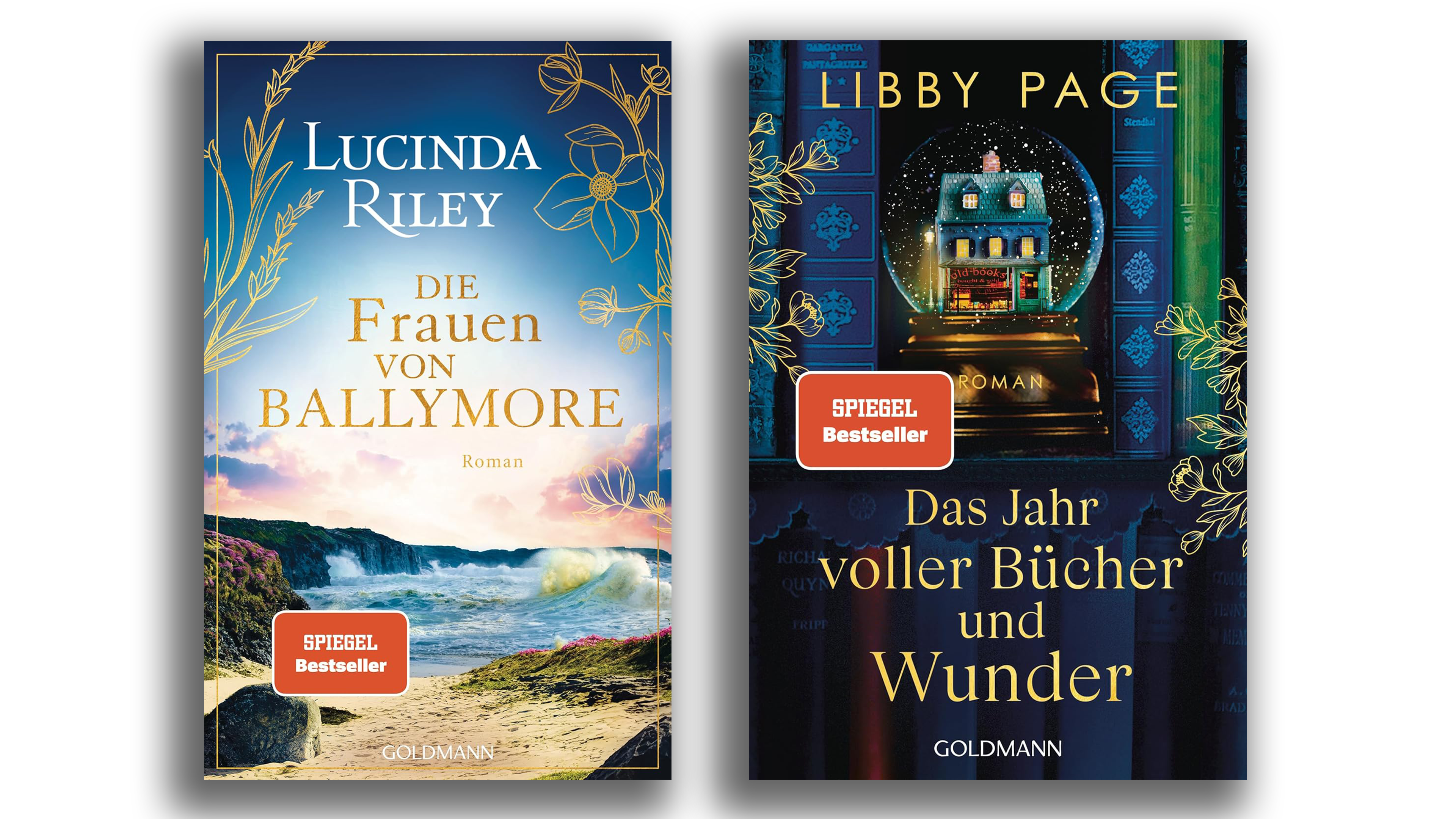 Zwei Buchcover: links "Die Frauen von Ballymore" mit Küstenlandschaft, rechts "Das Jahr voller Bücher und Wunder" mit Haus und Büchern