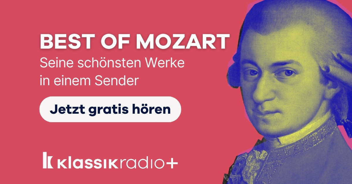 Mozart mit barocker Kleidung, Werbebanner für Klassik Radio mit Hinweis auf kostenlose Mozart-Werke