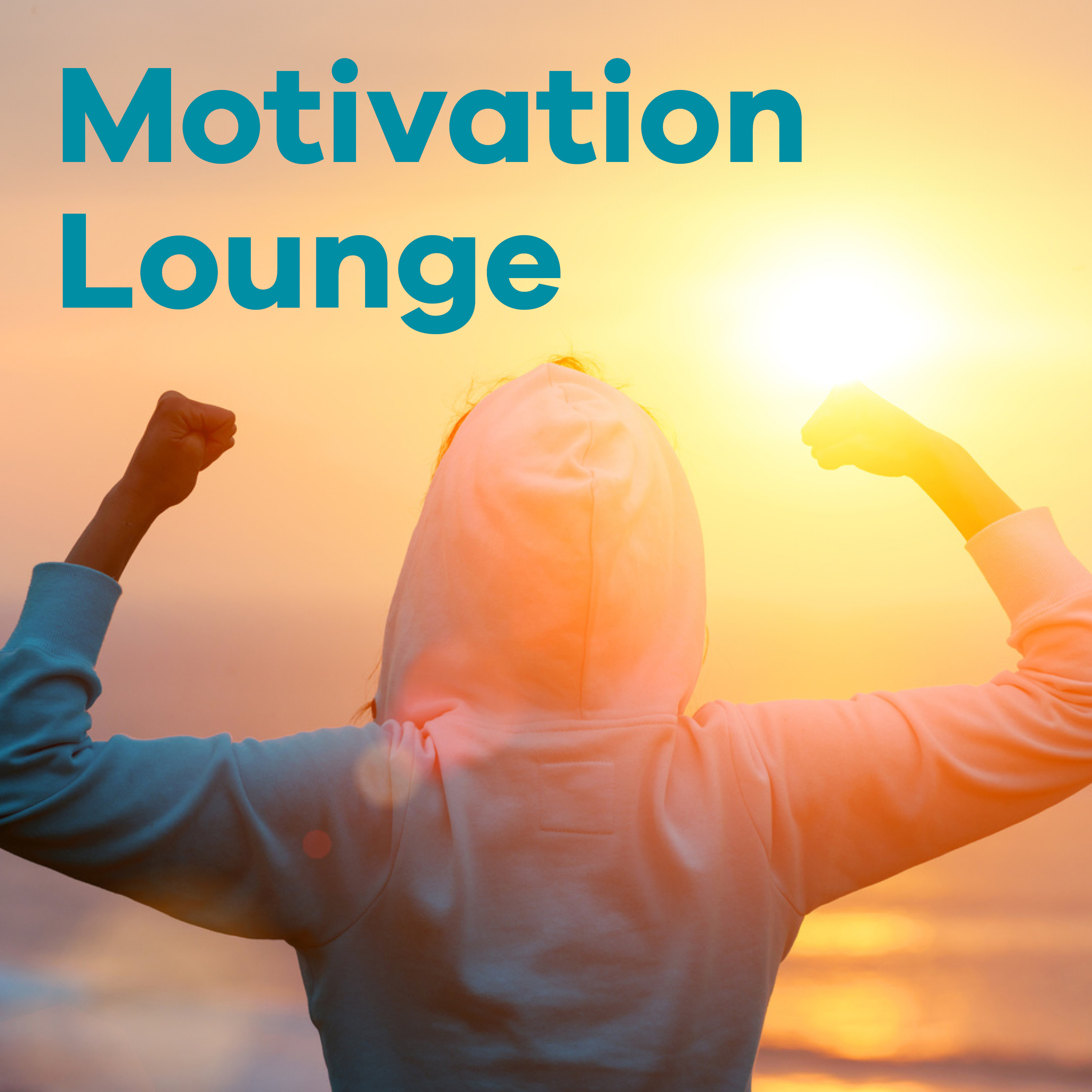 Sender Motivation Lounge mit einem Sportler in Jubelpose am Strand