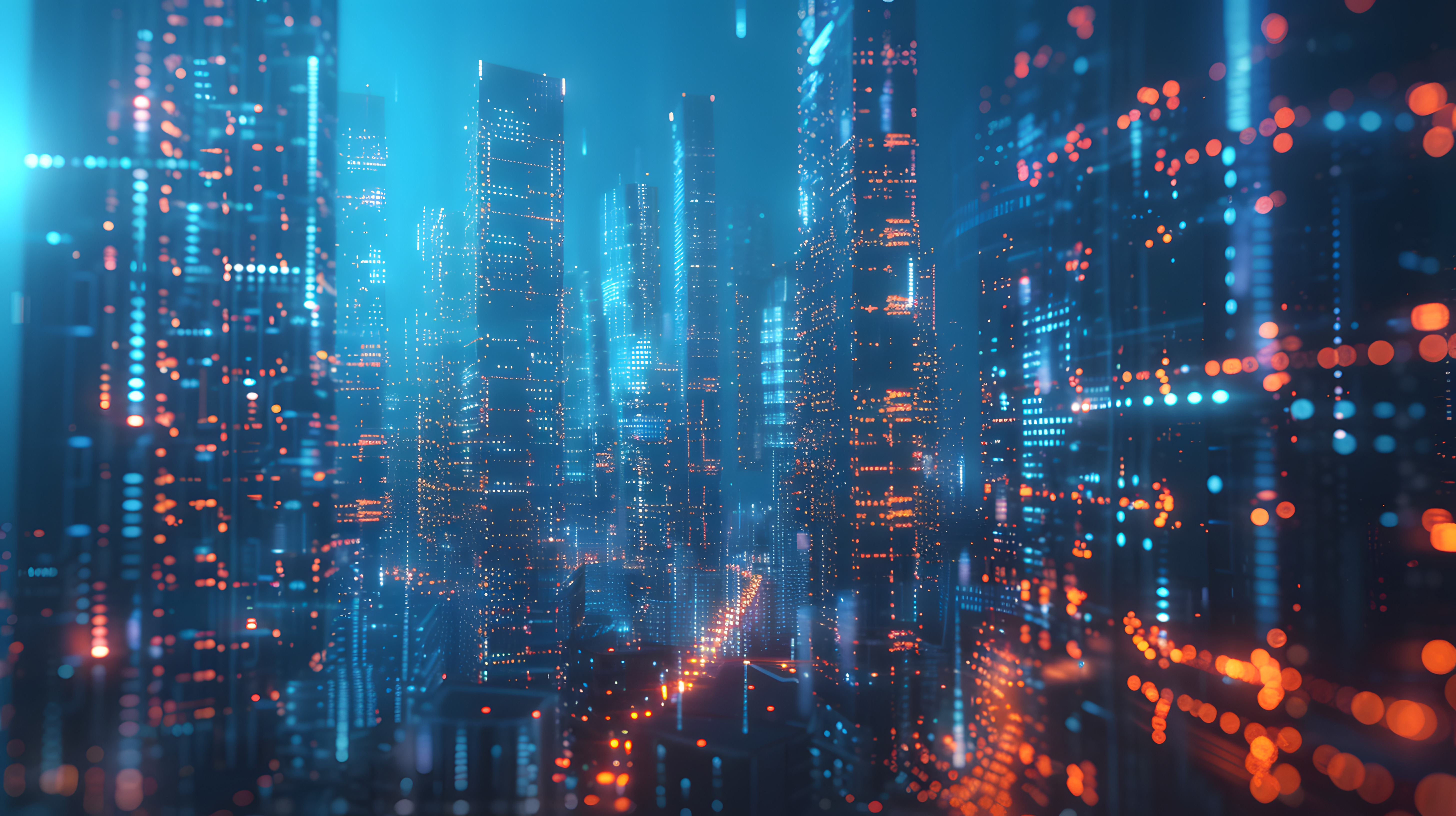 Futuristische Daten-Wolkenkratzer auf blauem Hintergrund. 