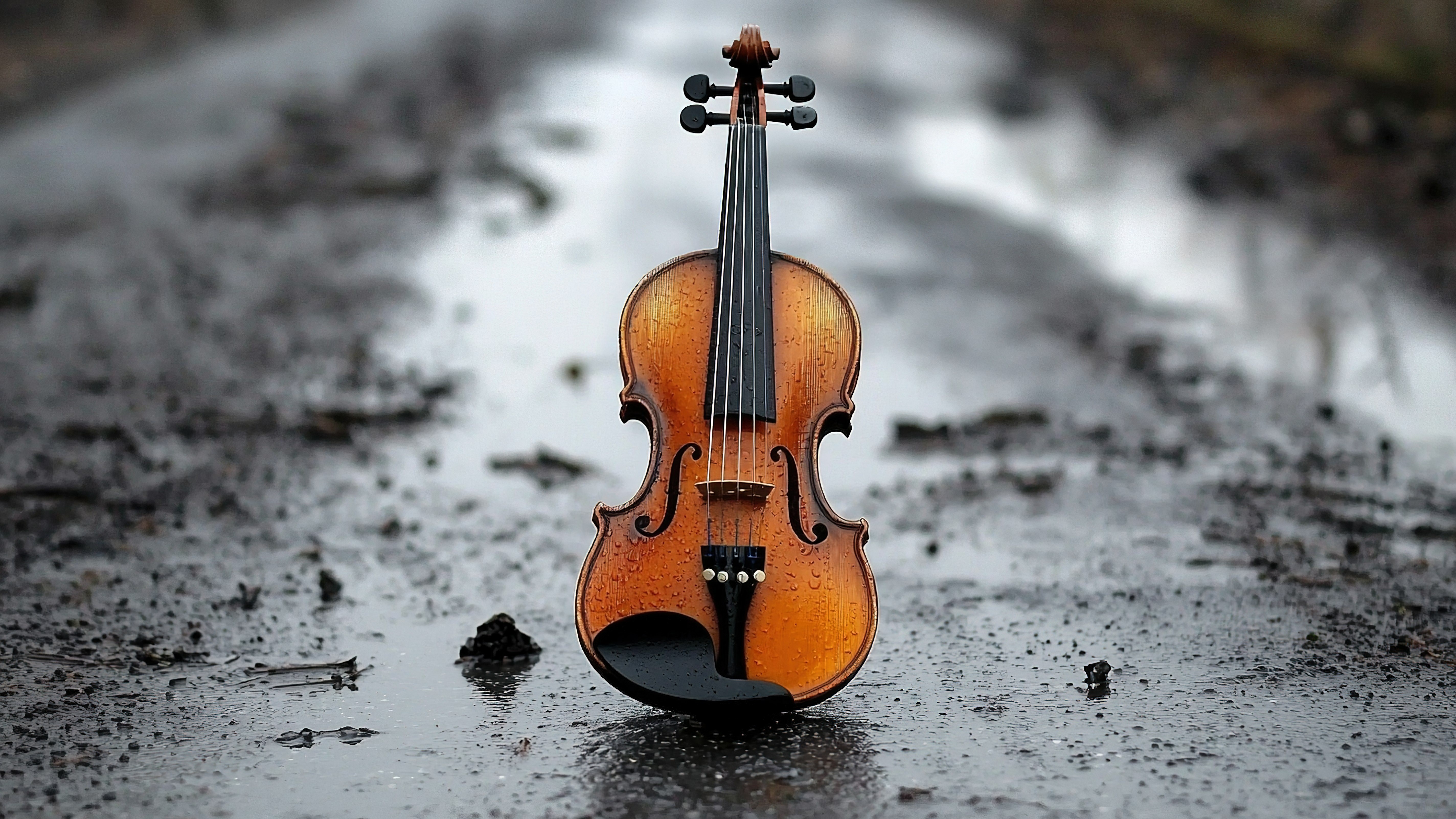 Geige auf verregneter Straße