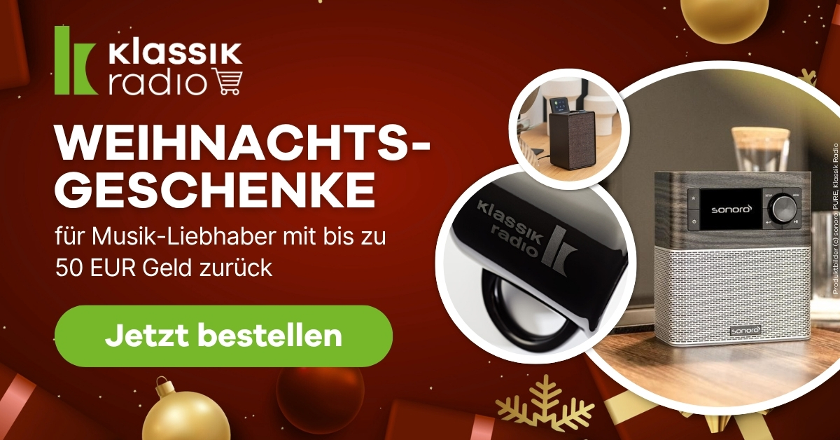 Werbebanner mit Geschenkideen für Musikliebhaber, klassisches Radio, Kopfhörer und Weihnachtsdekoration
