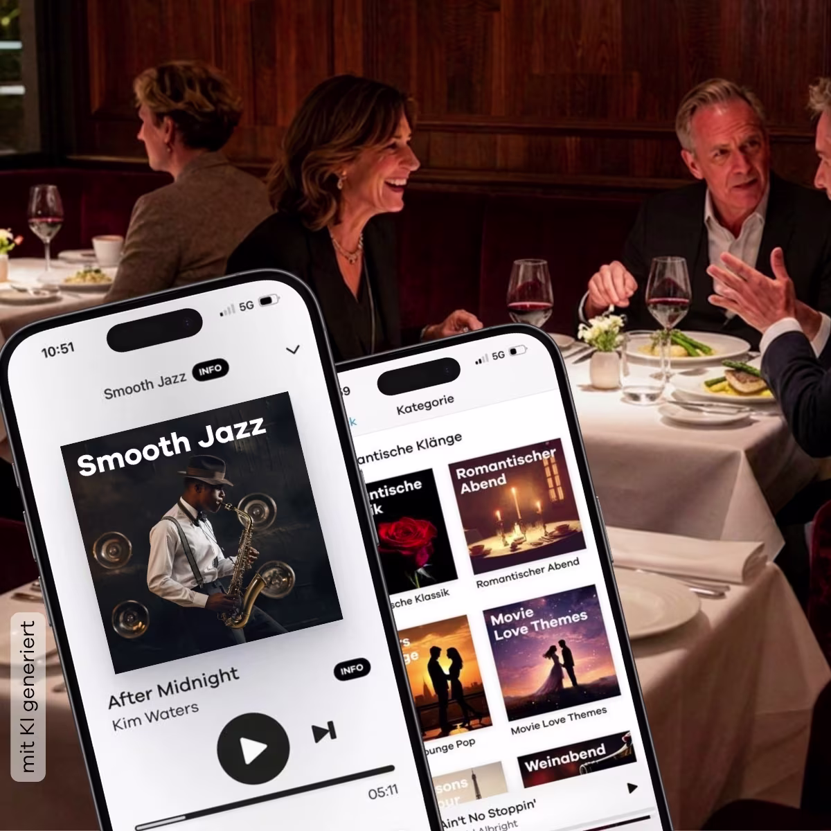 Restaurant im Hintergrund und im Handy der Smooth Jazz-Sender