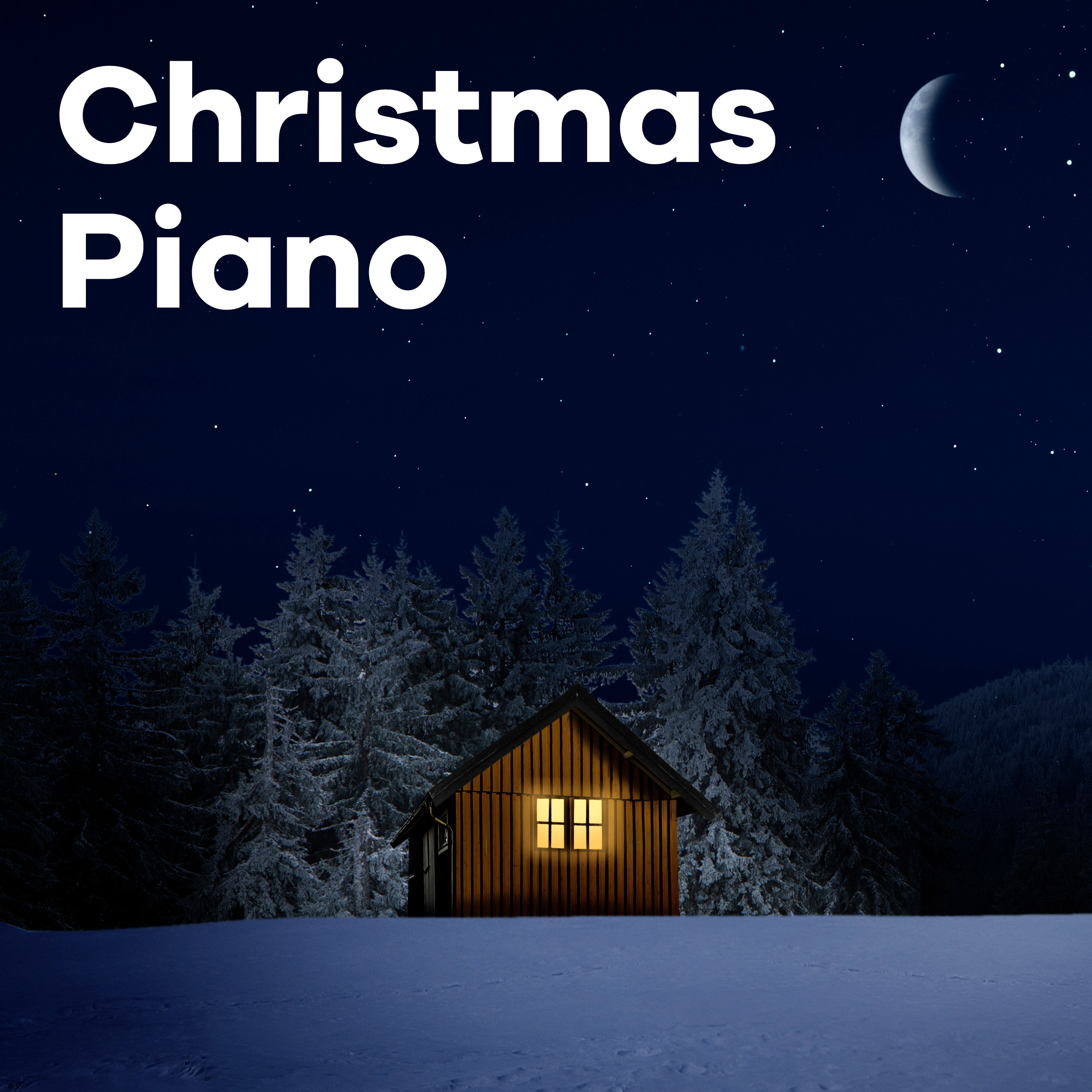 Sender von Klassik Radio Plus: „Christmas Piano“ mit beleuchteter Hütte im verschneiten Wald bei Nacht.