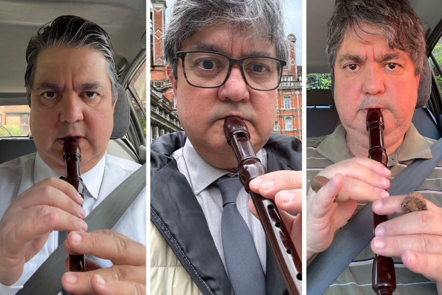 Miguel Lawrence spielt Blockflöte 