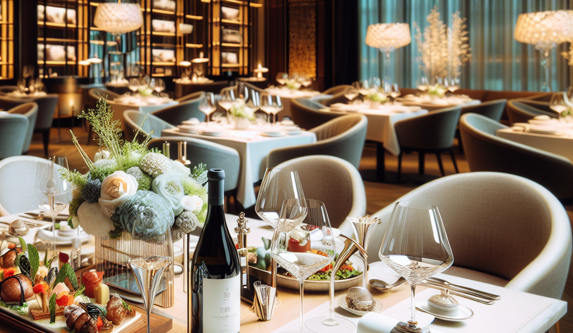 Tisch in einem edlen Restaurant mit Essen, Wein und Blumen.