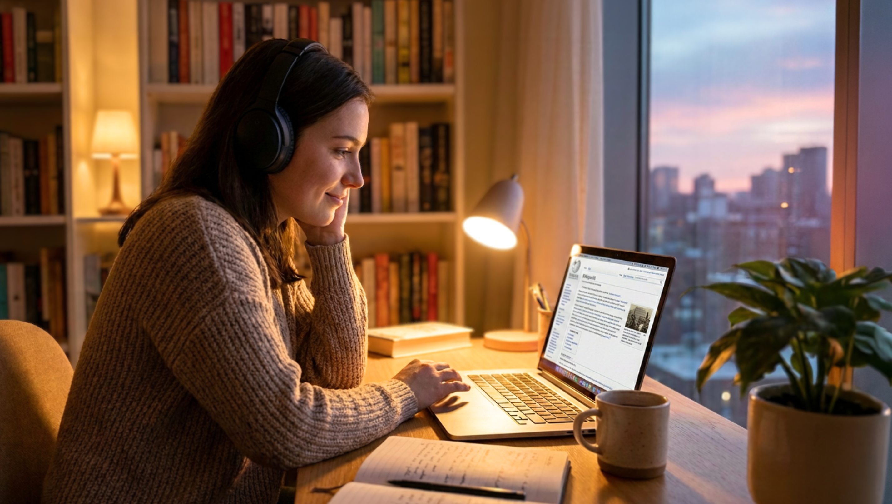Studentin sitzt abends am Schreibtisch und lernt mit LoFi Musik